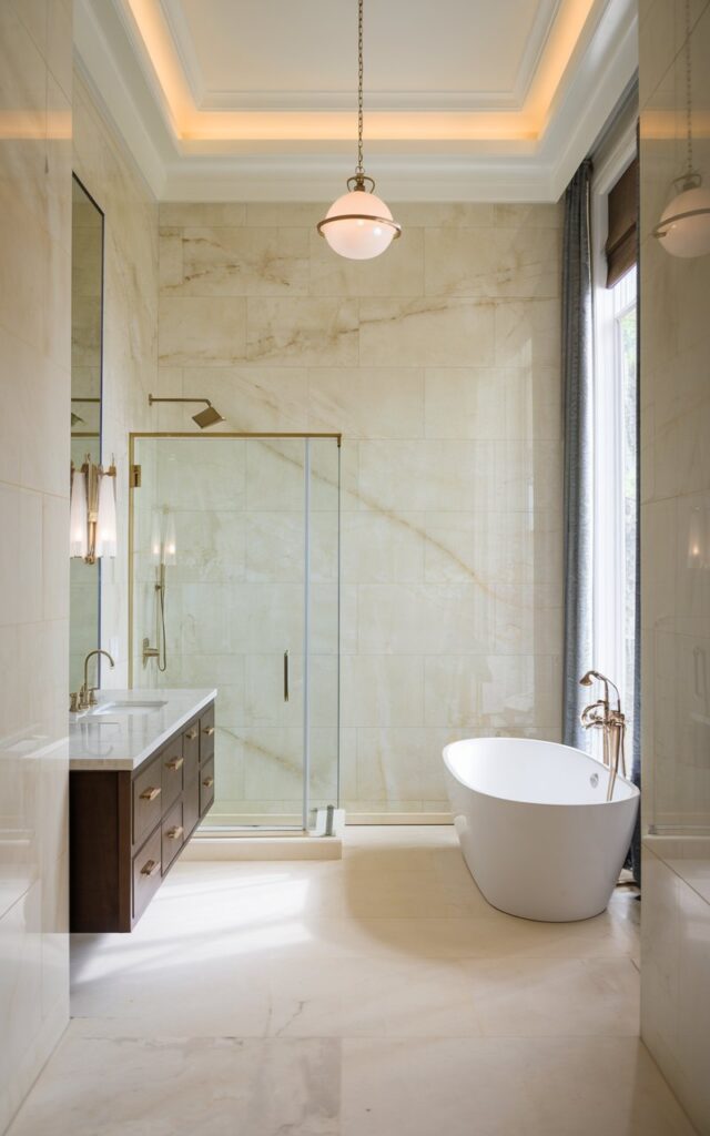 A photo of a regal and chic minimalistic bathroom with large-format marble tile walls in soft cream with subtle veining. The space includes a floating vanity with sleek brass hardware, a frameless glass shower enclosure, and a freestanding tub with clean, sculptural lines. The room has a hanging pendant light, and the ceiling is tall. The room is lit by natural light and soft ambient lighting. The space is refined and elegantly understated, with minimal decorative elements.