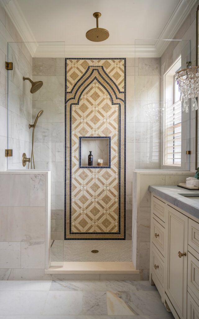 A photo of a transitional full bathroom with a regal aesthetic. The shower area is beautifully highlighted by intricate mosaic tile inlays, featuring a sophisticated blend of gold, cream, and deep navy tiles arranged in an elegant pattern that frames the shower niche and extends as a vertical strip on the main shower wall. Surrounding walls are clad in large-format neutral marble tiles with subtle veining, adding timeless luxury. The shower has a rainfall showerhead. The shower area is enclosed with clear glass and accented by polished brass fixtures. Outside the shower area, a transitional vanity with classic moldings and a marble countertop complements the opulent yet balanced aesthetic. Plush textiles and crystal lighting fixtures add refined touches, creating a space that feels both majestic and inviting.