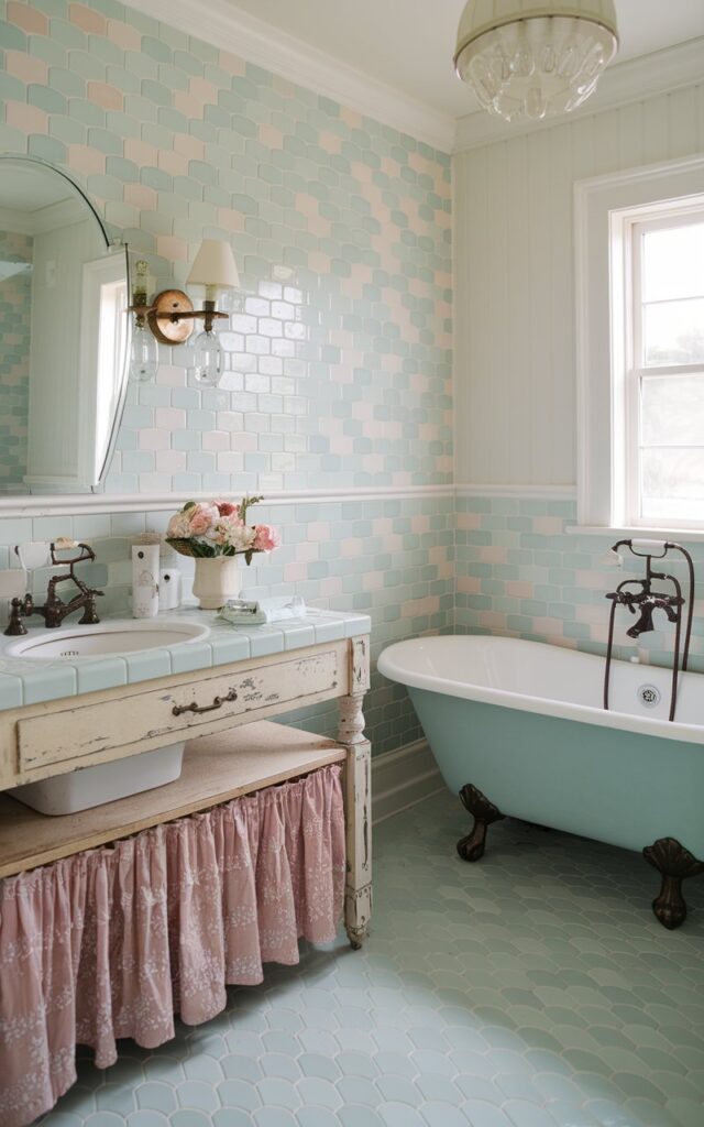 A photo of a retro farmhouse bathroom with soft pastel fishscale tiles in pale mint, blush pink, and sky blue. The tiles cover the vanity and create a serene spa-like atmosphere. A freestanding clawfoot tub sits nearby, painted in a complementary pastel tone. The bathroom has white beadboard walls and antique bronze fixtures. There is a distressed wood vanity with a porcelain sink, a ruffled curtain under the counter, and vintage-style sconces. The overall look is whimsical, airy, and comfortingly old-fashioned yet calmingly elegant.