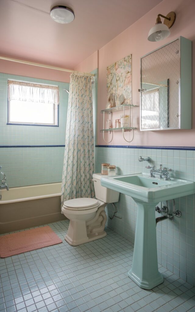 A photo of a retro and vintage full bathroom with small square tiles in a solid pastel pattern, featuring soft mint green, blush pink, and sky blue. The tiles cover the floor and halfway up the walls, bordered with a slim bullnose trim. A pedestal sink with chrome cross-handle faucets sits beneath a vintage medicine cabinet with beveled glass. The bathtub is classic with curved edges, and the shower curtain features a retro geometric print. Accents like glass jars, floral hand towels, and a mid-century light fixture add nostalgic charm. The bathroom also has a toilet, shower area, curtained window, floor rug, etc.