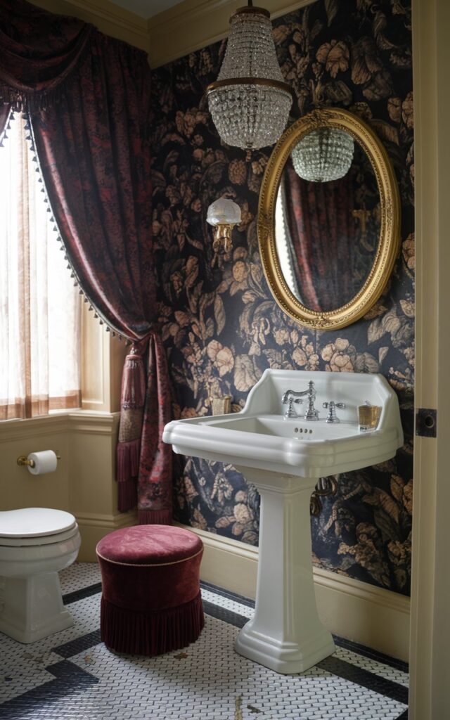 A photo of a Victorian powder room with a porcelain pedestal sink, a warm antique brass wall sconce, and a dark floral wallpaper. The sink is placed under a crystal chandelier and an oval gilt-framed mirror. The room has a black-and-white mosaic tile floor, a velvet footstool, a toilet, and a curtained window. The room has a soft, filtered natural light.