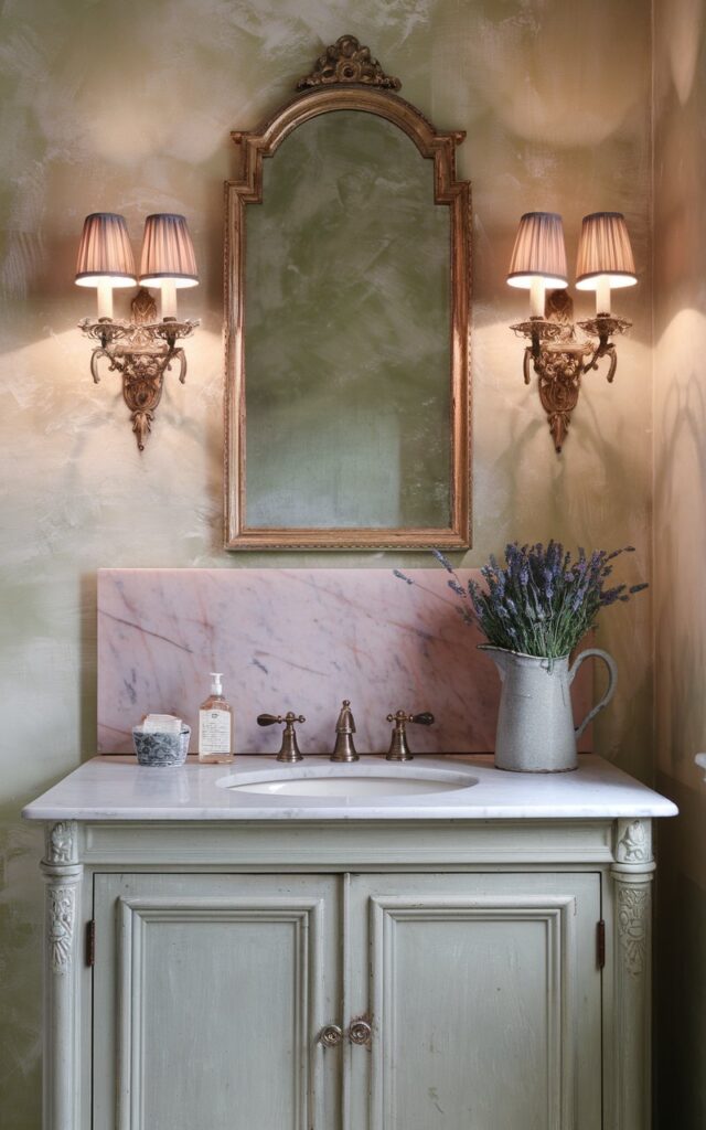 A photo of a romantic French country bathroom with a vintage-style vanity and a delicate pink marble backsplash. The vanity is painted in a muted dove gray and is placed in front of the marble slab. Above the vanity, there is a gilded antique mirror. The walls are finished in limewash with subtle texture. Twin sconces with pleated linen shades are placed on either side of the mirror, casting a warm glow across the room. A ceramic pitcher filled with fresh lavender adds a rustic touch. The overall look is refined, graceful, and timelessly French.