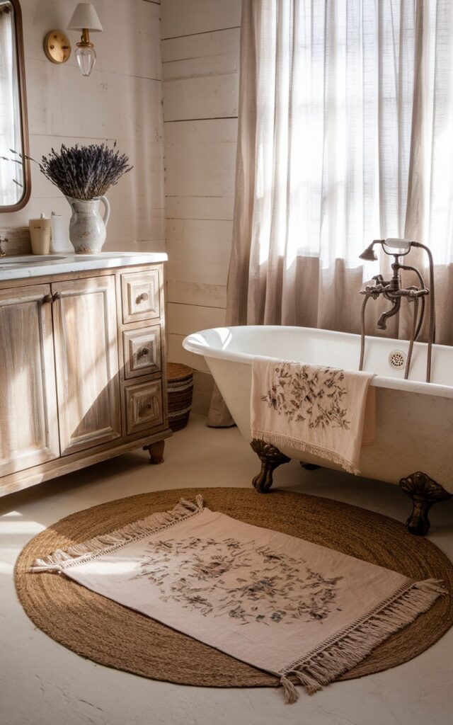 A photo of a romantic French country bathroom with a soft, layered rug arrangement. The base is an earthy jute rug, with a faded floral cotton rug with fringe delicately placed on top. The rugs sit beneath a vintage clawfoot tub with antique brass fixtures. Whitewashed walls, a distressed wood vanity, and a bouquet of dried lavender in a ceramic pitcher placed on top of the vanity complete the rustic, elegant look. Natural light pours through sheer linen curtains, casting a warm glow across the space.