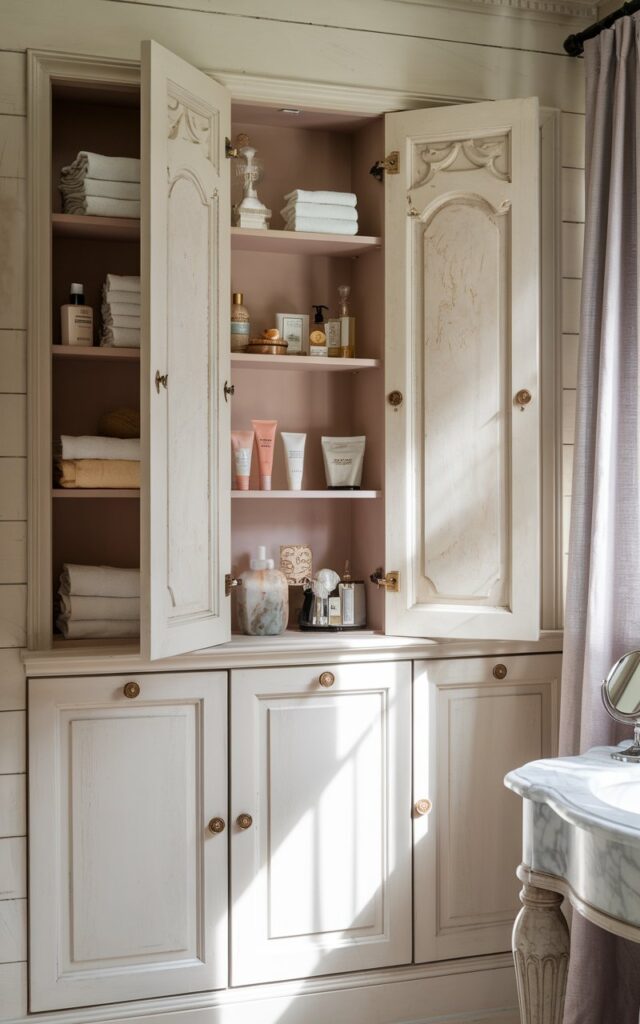 A photo of a romantic French country-inspired bathroom with a soft, refined chic aesthetic. The room has a creamy beige shiplap wall with recessed cabinets with antique-style panel doors. The cabinet doors feature delicate brass knobs and subtle molding. Inside the cabinets, shelves hold neatly arranged linens, pastel-colored bath products, and vintage perfume bottles. Below the cabinets, a marble-topped vanity with curved legs and an ornate mirror is placed. Soft natural light filters in through a linen curtain, casting a gentle glow across the muted color palette. The hidden cabinets keep the space clutter-free while preserving its graceful, old-world appeal.