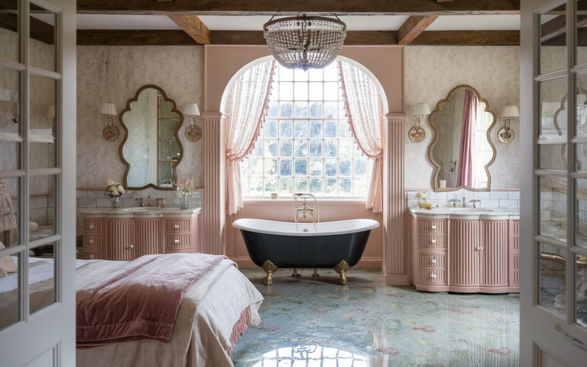 A photo of a romantic and elegant ensuite bathroom flowing directly from a charming English countryside bedroom. The bedroom features a bed with layered linen and velvet throws in soft rose and cream tones. Through a wide arched opening, the ensuite bathroom comes into view, framed by aged oak beams and blush-toned wallpaper with a subtle botanical pattern. Inside the bathroom, a clawfoot tub with a high-gloss black exterior and polished brass feet sits beneath a paned cottage-style window, dressed in sheer embroidered drapery. The double vanity is vintage-inspired with a marble top, fluted detailing, and crystal knobs, paired with a scalloped-edge mirrors in antique gold. A beaded chandelier casts soft light over the room, reflecting off a glossy floral mosaic tile floor. French doors off to the side hint at a garden beyond, completing the feeling of countryside serenity wrapped in refined glamour.