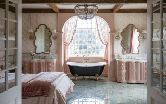 A photo of a romantic and elegant ensuite bathroom flowing directly from a charming English countryside bedroom. The bedroom features a bed with layered linen and velvet throws in soft rose and cream tones. Through a wide arched opening, the ensuite bathroom comes into view, framed by aged oak beams and blush-toned wallpaper with a subtle botanical pattern. Inside the bathroom, a clawfoot tub with a high-gloss black exterior and polished brass feet sits beneath a paned cottage-style window, dressed in sheer embroidered drapery. The double vanity is vintage-inspired with a marble top, fluted detailing, and crystal knobs, paired with a scalloped-edge mirrors in antique gold. A beaded chandelier casts soft light over the room, reflecting off a glossy floral mosaic tile floor. French doors off to the side hint at a garden beyond, completing the feeling of countryside serenity wrapped in refined glamour.