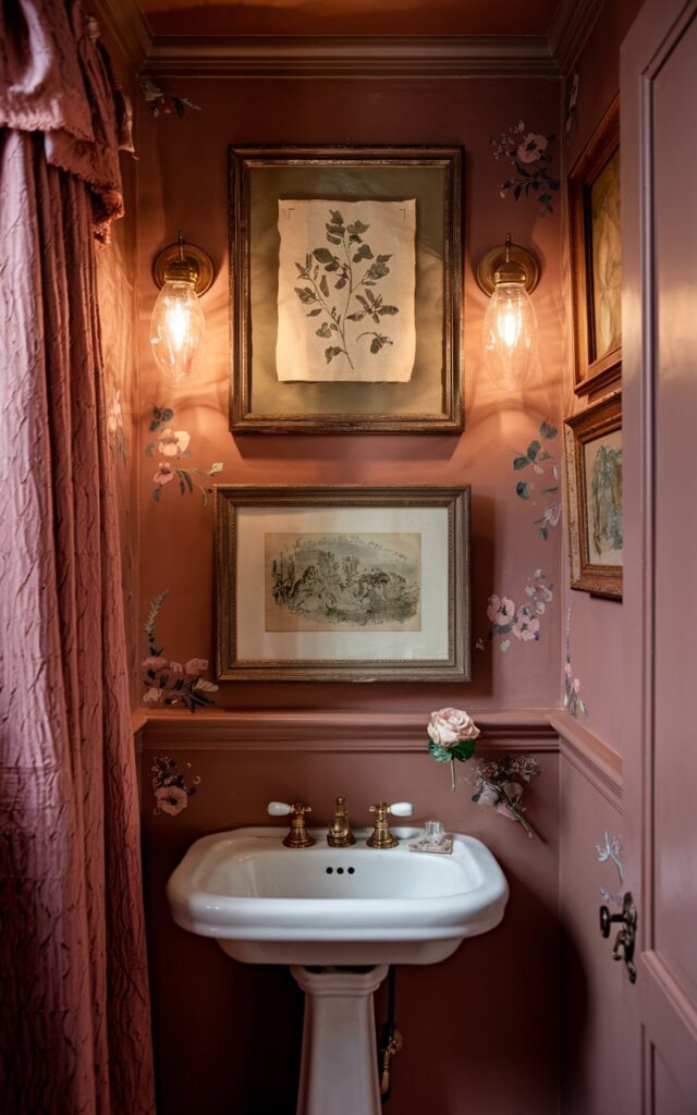 A photo of a vintage bathroom with walls painted in a soft, muted dusty rose. The room has warm, inviting lighting and is rich with old-world charm. There are two framed art pieces above a pedestal sink: one is a faded botanical print, and the other is a vintage sketch or landscape. Both art pieces are in aged gold or wooden frames with a slight patina. The rose-toned walls provide a cozy backdrop that enhances brass fixtures, a lace curtain, and subtle floral accents throughout the space. The entire room feels elegant and nostalgic, like stepping into a vintage painting come to life.