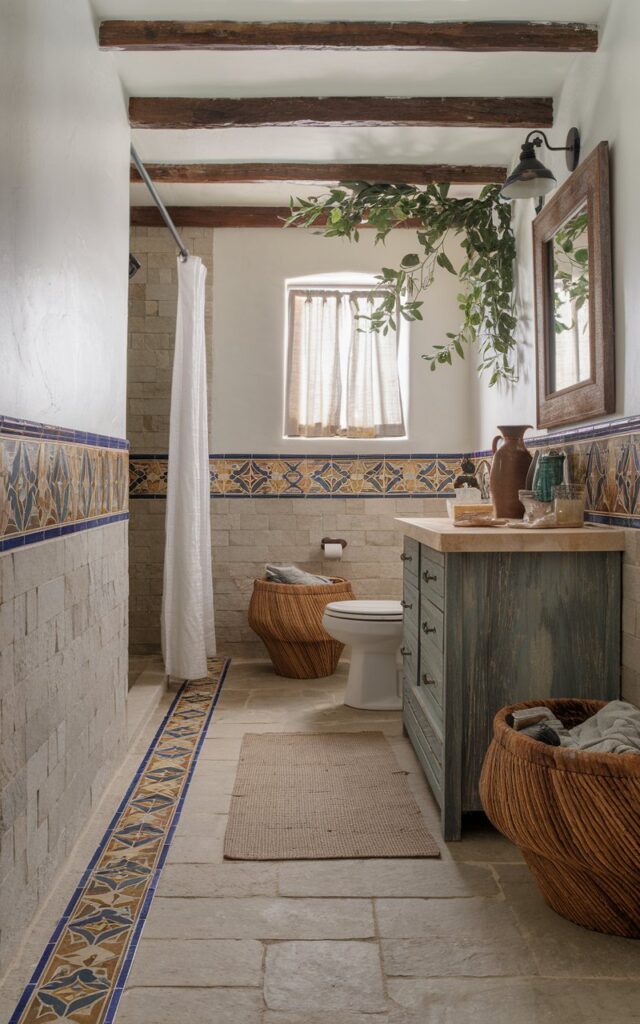 A photo of a rustic Mediterranean-style bathroom with a fun patterned border tile. The floor and lower walls are covered with stone-look tiles. A narrow horizontal border tile in bold Mediterranean patterns—cobalt blue, mustard, and burnt orange—wraps around the room. Above the border, white walls keep the space feeling airy. There is a wood-framed mirror, weathered wood vanity, and antique bronze fixtures. Woven baskets, a ceramic jug, and leafy greenery bring the Mediterranean countryside vibe to life in a cozy, handcrafted space. The space has a toilet, shower area, curtained window, and floor rug. The natural light is soft.