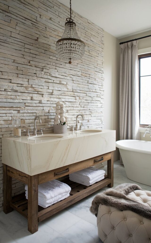 A photo of a rustic-glam bathroom with a creamy white marble double vanity on a reclaimed walnut base. The wall behind the vanity is a statement wall of stacked stone. Hanging above the vanity is a crystal chandelier. There is a freestanding white tub near a window with soft linen curtains. Fur-trimmed stools or a tufted ottoman add softness to the space.