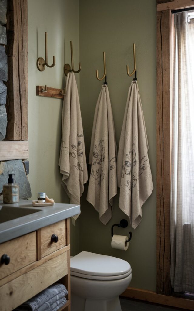 A photo of a rustic minimalistic bathroom with a vanity, a toilet, and a curtained window. The bathroom has a warm, aged brass finish metallic brass wall hooks instead of bulky towel bars. The hooks are mounted on soft sage green walls and hold embroidered towels in muted beige or off-white. The surrounding décor includes raw wood accents, matte black fixtures, and natural stone elements. The bathroom has a cozy yet uncluttered rustic vibe with clean lines and thoughtful simplicity. The light is soft, ambient, and filtered.