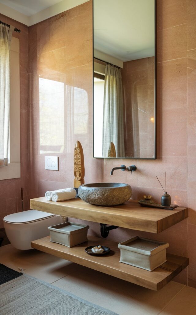 A photo of a serene Balinese-style full bathroom vanity with a floating teakwood counter and a stone round sink. The vanity has a chic design and is positioned in a room with warm pink marble tile walls and a frameless mirror. There's a small carved wooden sculpture, a rolled hand towel, and a ceramic incense holder on the vanity. Two smooth lidded boxes are placed on one side of the counter, used to discreetly store clutter. The room also contains a curtained window, a toilet, and a floor rug. The overall space is filled with soft ambient light.
