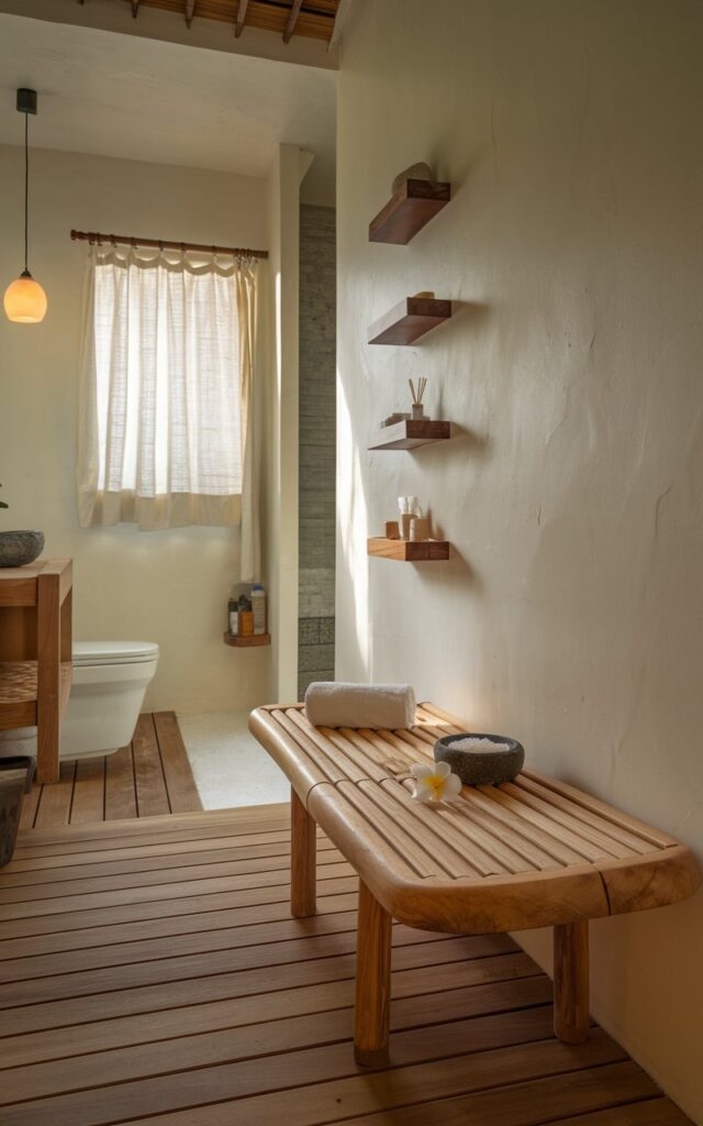 A photo of a serene Balinese-inspired bathroom with a minimalistic touch. There is a single wooden bench placed thoughtfully along one wall. The bench is crafted from natural teak or bamboo, with a smooth, low-profile design that blends seamlessly into the calm surroundings. On the bench rests a rolled white towel, a stoneware bowl with bath salts, and perhaps a frangipani flower for a gentle nod to Balinese spa culture. The space includes wooden flooring, a vanity, a toilet, a shower area, curtained window with mild sunlight, floating shelves with essentials, and a hanging pendant light (Warm light on).