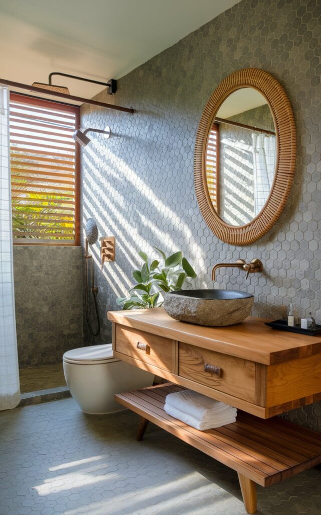 A serene Balinese-inspired full bathroom featuring a hexagon tile backsplash behind a natural stone basin sink. The small hex tiles—matte and subtly textured—come in earthy tones like sand, charcoal, and soft sage, adding a modern edge while echoing natural elements. The vanity is handcrafted from warm teak wood, paired with brushed brass fixtures and an oval rattan-framed mirror. Soft daylight filters through wooden slatted windows, casting dappled shadows across the stone and tile. Add a few plants. The space has a toilet, shower area, curtained window, etc., photo