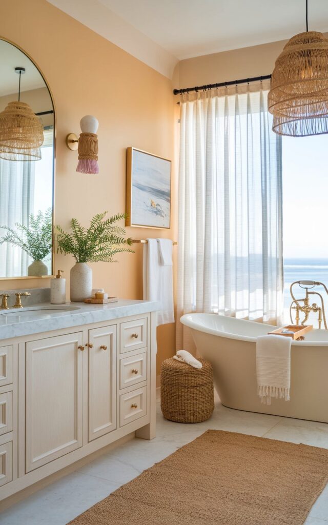 A serene California coastal bathroom with a creamy almond wall that glows softly in the natural light. The wall color sets a warm, breezy tone, perfectly paired with white oak cabinetry and subtle gold accents. A freestanding tub rests near sheer curtains that flutter in the sea breeze. Luxe elements—like a marble vanity, oversized coastal artwork, and woven pendant lights (warm light on). Lush greenery and woven textures finish the space with an effortlessly elegant, sun-kissed charm.