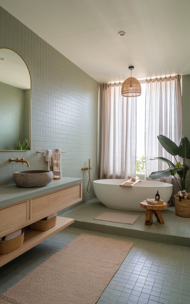 A serene Scandi + Balinese luxe bathroom designed with a single-color tile palette for a clean, calming aesthetic. Soft sage green tiles cover the walls and floor in a matte finish, creating a seamless, spa-like environment. The space features a floating light wood vanity with an integrated stone basin, minimalistic brushed brass fixtures, and an arched mirror. A freestanding tub sits near a window framed by sheer linen drapes, surrounded by woven baskets, teak stool, and tropical greenery. Natural light and organic textures—rattan, bamboo, and smooth stone—enhance the tranquil blend of Scandinavian simplicity and Balinese retreat-style luxury.