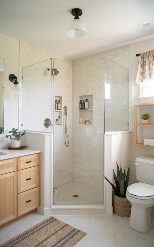 A serene bathroom with a corner shower, featuring a frameless glass door. The shower has pale stone or matte white tiles on the walls, with light oak shower niches for soaps and essentials. The room also has clean-lined built-in cabinetry in quarter-sawn oak, soft white walls, and brushed nickel fixtures. A woven bath mat and a small potted plant sit nearby. The bathroom has a vanity, a toilet, open shelves, a curtained window, a floor rug, and a ceiling pendant light.