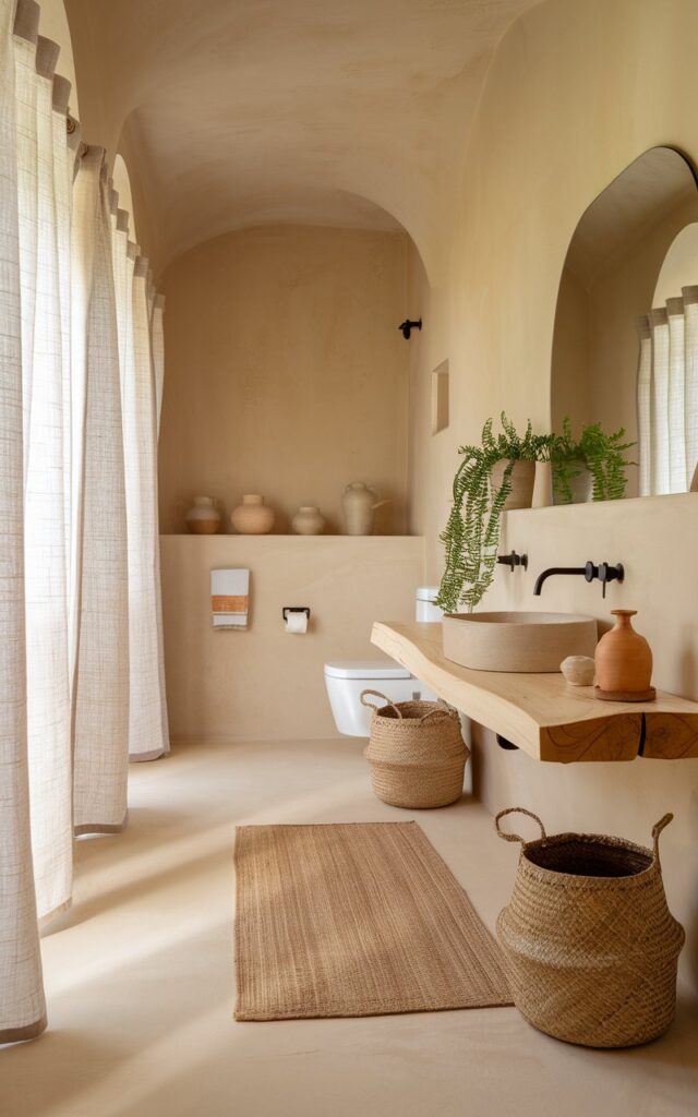 A photo of a serene bathroom painted in warm beige with smooth matte walls. The space is minimalistic, with a floating wooden shelf displaying simple pottery and lush green plants. Natural woven baskets and a jute rug add subtle boho texture. Sleek black fixtures and a frameless mirror keep the space clean and uncluttered. Soft natural light filters through linen curtains, enhancing the calm, earthy vibe.