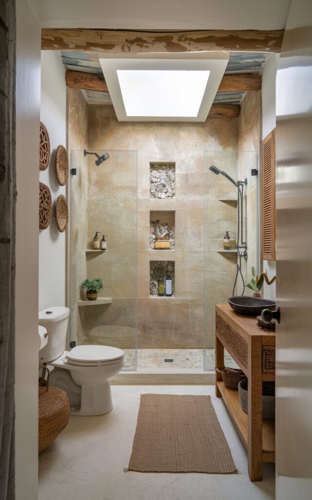 A serene ensuite bathroom blending cottagecore charm with Balinese tranquility. The shower has a skylight installed directly above it to bring in daylight while preserving privacy. The shower is enclosed in warm-toned stone or handmade tiles, softened by bamboo or teak wood accents. The walls are lime-washed or textured, evoking a rustic, handmade feel. Decorative carved wood panels and woven baskets add island soul. The outside of the shower area has a wooden vanity, a toilet, a stool, and a floor rug. The view is from the bedroom.