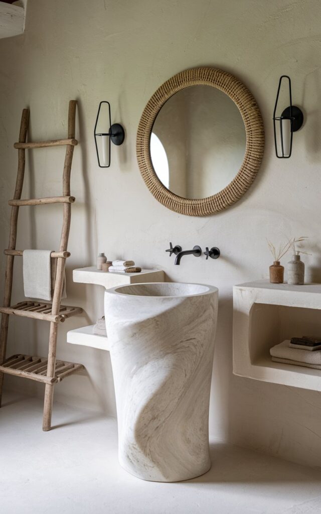 A photo of a serene farmhouse-meets-Balinese style bathroom with a hand-carved marble pedestal sink. The sink has gentle, organic curves and stands as a sculptural centerpiece. The background is lime-washed plaster walls in a soft sand tone. There are natural teak wood accents, such as a rustic ladder towel rack and a floating shelf. A large round mirror with a handwoven rattan frame hangs above the sink, flanked by simple black metal sconces. The overall vibe is minimalist, calming, and deeply textural.