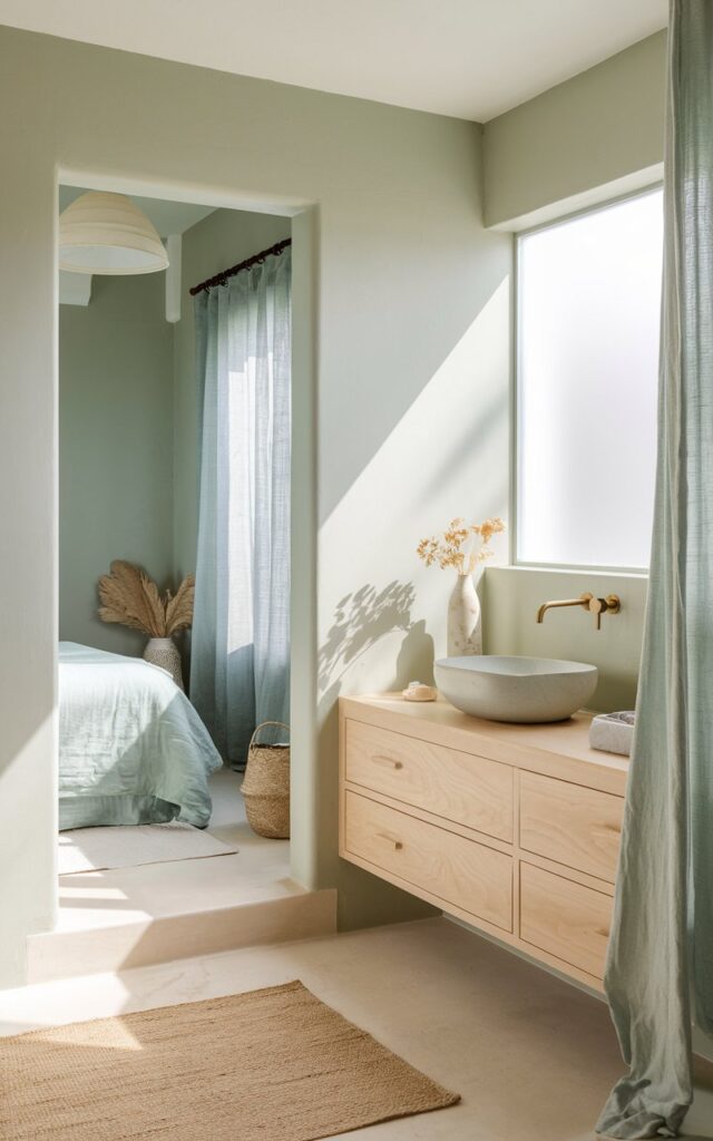 A photo of a serene, fully furnished ensuite bathroom in Scandi + coastal style, seamlessly connected to a soft, airy bedroom. The bathroom walls are painted in a pale seafoam green that gently echoes the muted sage tones of the bedroom visible through an open doorway. Natural light floods the space through a frosted window, casting soft shadows. The bathroom features light oak wood cabinetry, a floating vanity, matte white vessel sinks, and minimal brass fixtures. The floors are pale stone or light wood, continuing from the bedroom to enhance flow. Linen curtains hang gently, and subtle woven textures—like a jute rug or seagrass basket—accent the room. The overall mood is calm, bright, and harmonious, emphasizing the visual link between both spaces.
