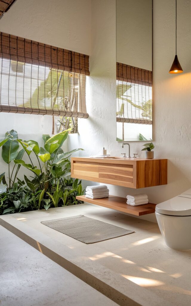 A serene minimalistic Balinese bathroom featuring a sleek floating vanity made of natural teak wood with clean lines, mounted against a smooth white plaster wall. The vanity floats above a polished stone floor with subtle textures. Soft natural light filters through bamboo blinds, highlighting lush green tropical plants nearby. The space combines warm wood tones with minimalist design, creating an open, airy, and tranquil atmosphere that blends modern simplicity with Balinese natural elements. The space has vanity, toilet, floor rug, pendant light with warm light, etc., photo