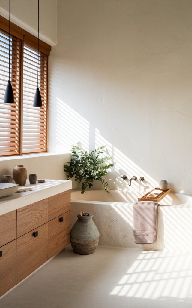 A serene modern Japandi bathroom with smooth off-white walls that create a calm, timeless backdrop. Natural light filters through slatted wood blinds, casting soft shadows on clean-lined oak cabinetry. Warm wood tones and black metal accents—like a minimal towel bar and pendant lights—add contrast and structure. A deep soaking tub sits near a textured stone wall, paired with ceramic vessels and neatly folded linen towels. Greenery in a low, handmade pot adds a pop of life. The space feels tranquil yet alive, blending simplicity with grounded beauty.