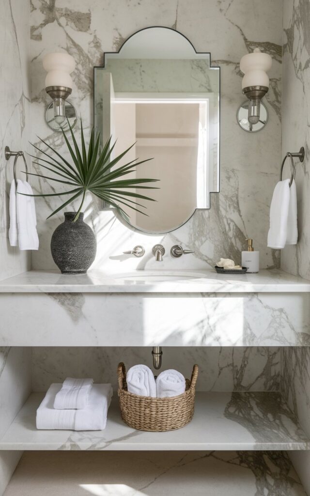 A photo of a serene naturalist modern bathroom featuring a sleek marble vanity with soft white and gray veining. The vanity has a plant in a decorative vase and designer hand towels neatly rolled up inside a small woven basket. The vanity has a scalloped mirror with scones on either side, and a marble backsplash. Natural light filters in, softening the overall ambiance.