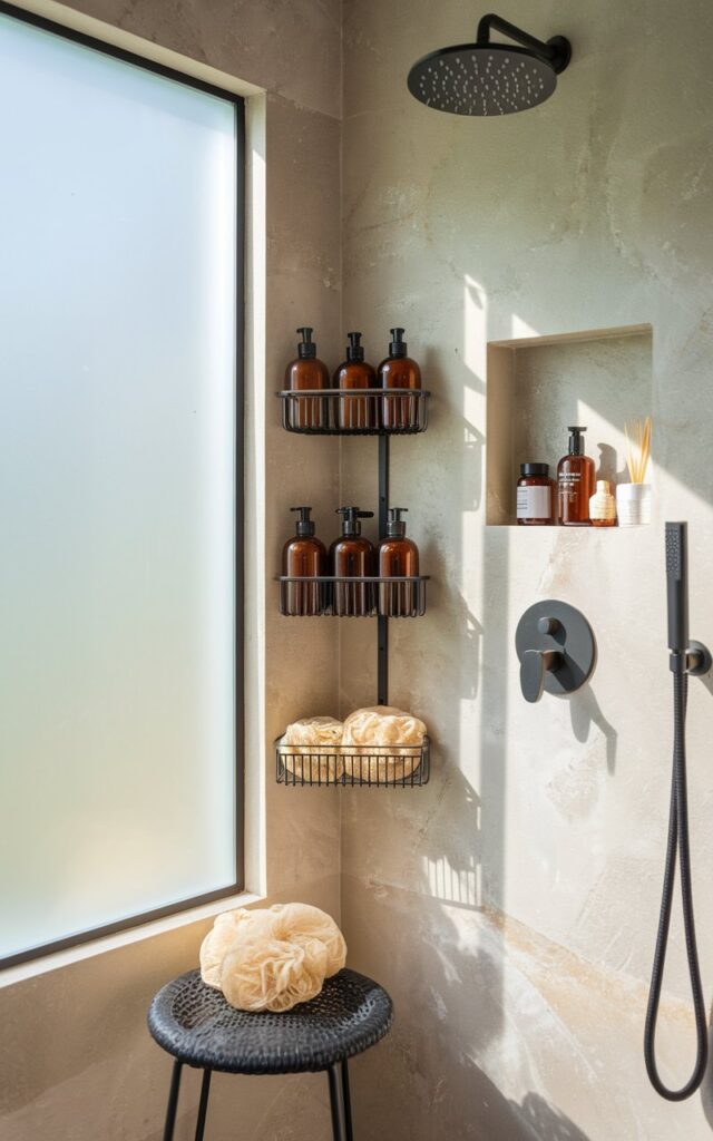 A photo of a serene shower area blending Japandi minimalism with Mediterranean warmth. There is a matte black corner-mounted metal caddy holding neatly arranged amber glass bottles and natural loofahs. The shower area has a black rainfall shower head, recessed shelves with LED lights, and a stool for relaxing. Sunlight filters softly through a frosted window. The overall feel is calm, functional, and effortlessly elegant.
