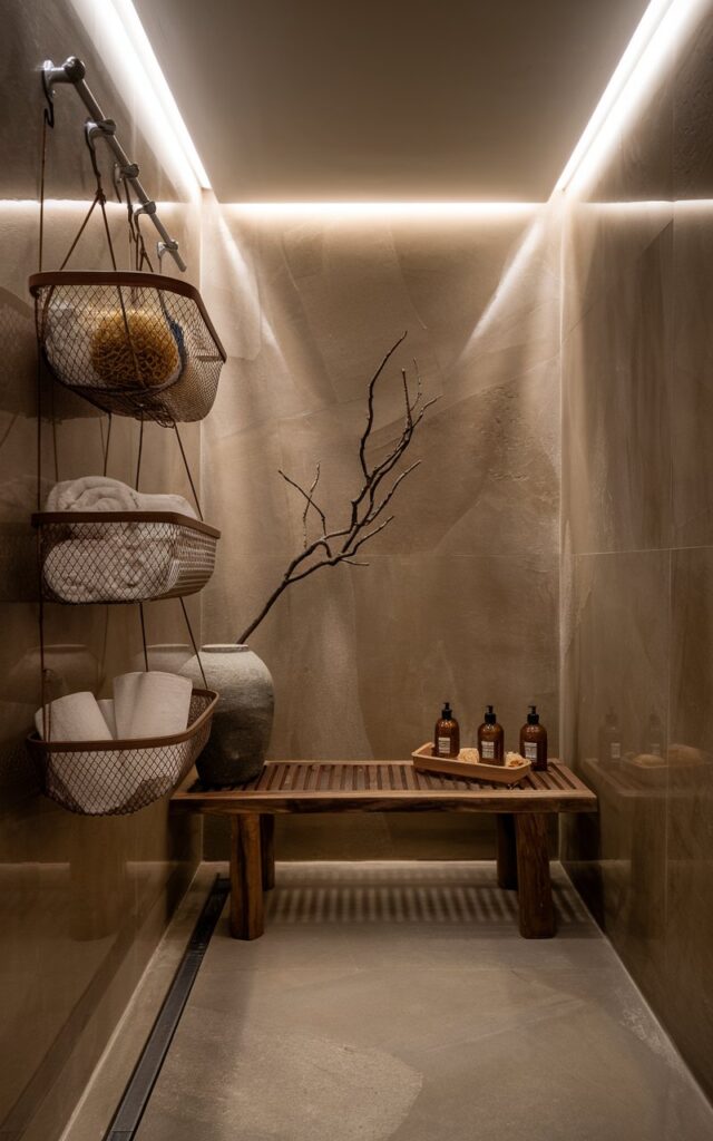 A serene, spa-like Asia Zen-inspired bathroom featuring a smooth, large-format stone tiled walk-in shower area in warm taupe tones. A few mesh hanging baskets are clipped from a tension rod horizontally onto a wall to hold rolled white towels, natural sea sponges, and amber glass bottles with bath products. A teak bench sits in the corner, and a single leafy branch in a stone vase adds a meditative touch. Soft lighting glows from a hidden LED strip along the ceiling, and the overall atmosphere is calm, uncluttered, and deeply restorative. The shower area is fully furnished.