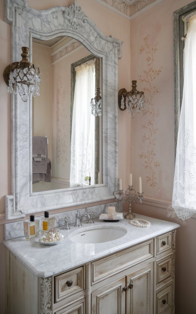 A photo of a shabby chic bathroom with a touch of glam. The room features a large vanity mirror framed in polished white marble with delicate gray veining. The ornate marble surround adds elegance while contrasting beautifully with distressed white wood cabinetry below. The vanity is topped with a matching marble slab and decorated with vintage perfume bottles, a crystal candleholder, and a small dish of pearls. Above, a pair of antique-style wall sconces with dangling crystals bring a hint of sparkle. The walls are soft blush with subtle floral stenciling, and a sheer lace curtain flutters at a nearby window. The entire space blends charm and sophistication effortlessly.