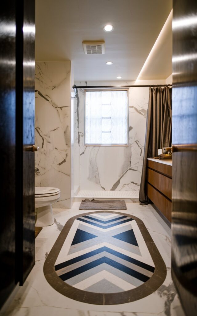A photo of a mid-century modern bathroom with a custom marble floor medallion. The medallion features bold geometric shapes in contrasting black, white, and gray tones. The bathroom has a toilet, a shower area, a curtained window, a floor rug, and a recessed ceiling with LED lights. The room is illuminated by light from the interiors.