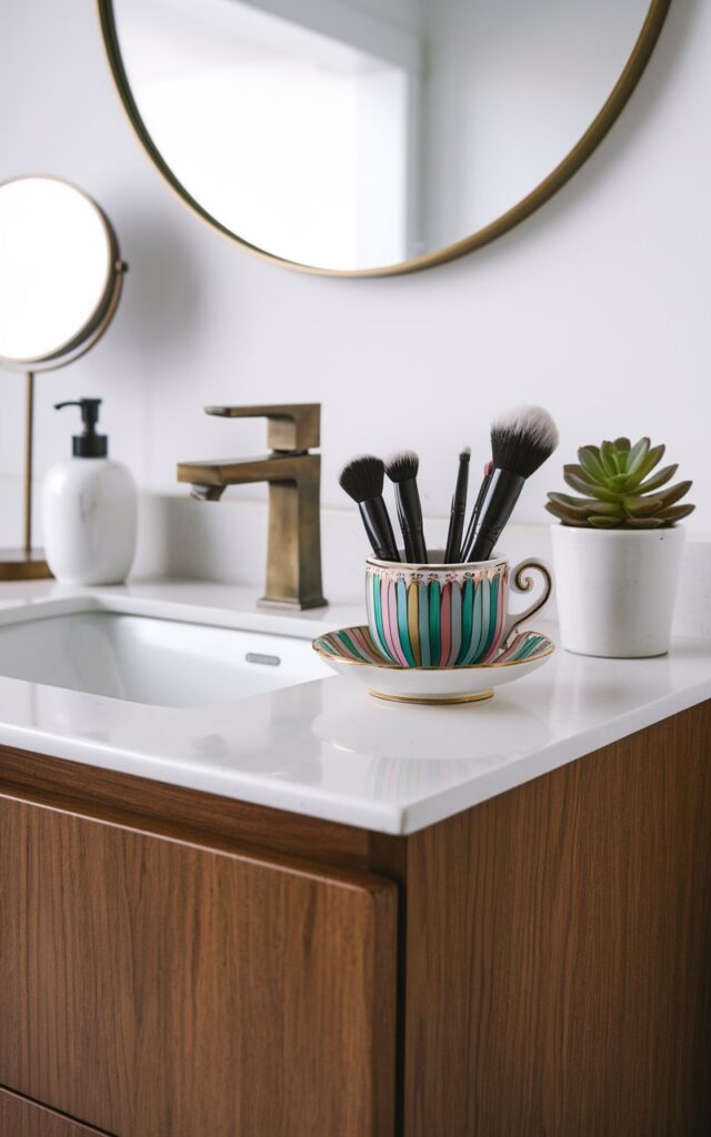 A photo of a mid-century modern bathroom with a sleek vanity. The vanity has a warm walnut wood base and a white quartz countertop. Near the sink, there is a vintage porcelain teacup with a gold rim or a bold retro pattern, repurposed as a makeup brush holder. The teacup adds a touch of playful charm against the vanity's clean lines and geometric shapes. Around the teacup are minimalist accessories: a round mirror with a thin brass frame, a streamlined soap dispenser, and a small potted succulent. The overall vibe is curated yet unexpected, where form meets function with a wink of nostalgia.