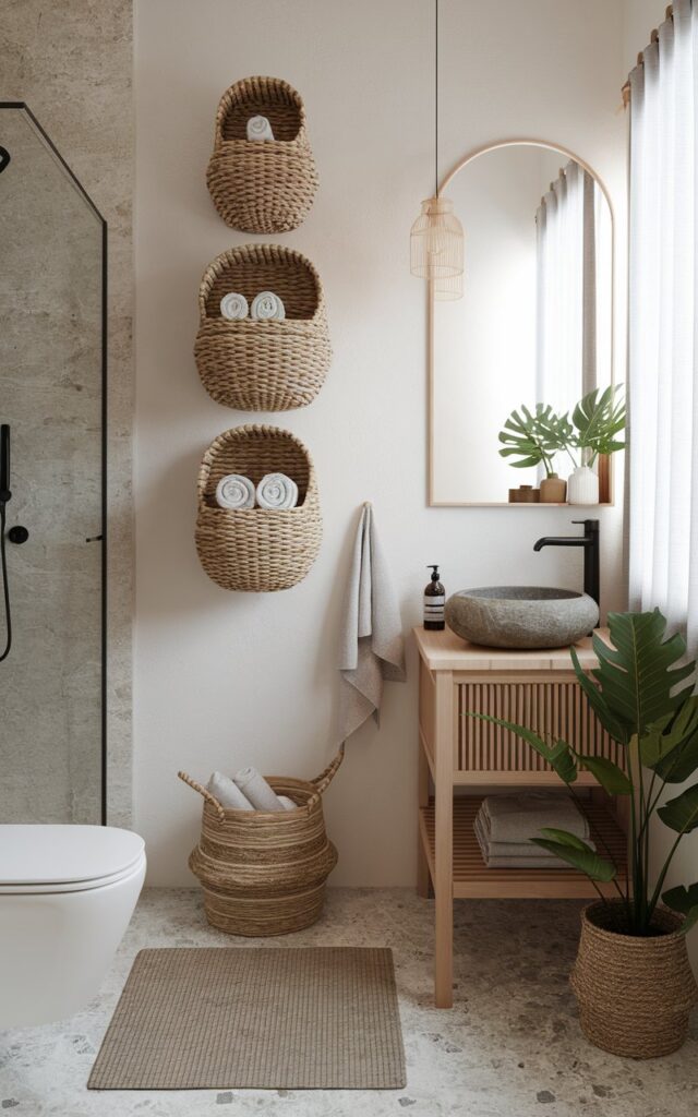 A photo of a small Balinese-Scandi fusion full bathroom. There are 2-3 woven baskets handmade in natural rattan and seagrass, hanging on the wall and used for storage. They hold rolled towels, skincare items, and bath accessories. The bathroom has a light wood tone, matte black fixtures, and a stone vessel sink atop a minimalist vanity. The flooring is pebble, and there are lush green plants and soft linen textiles. The bathroom has a toilet, a curtained window, a shower area, a floor rug, and a pendant light. The natural light is soft and ambient.
