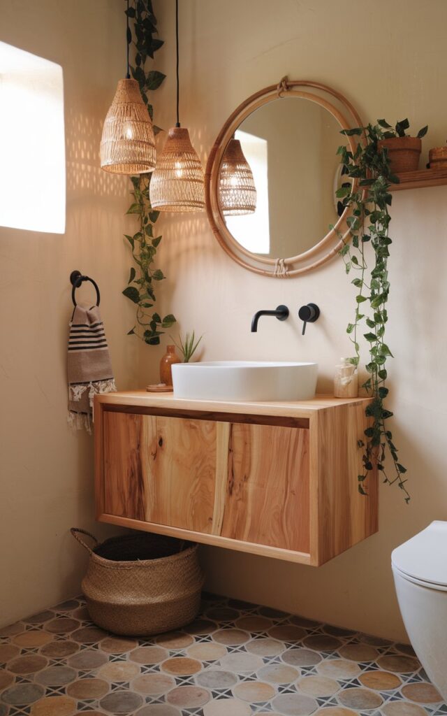 A photo of a small Boho-style bathroom with a floating, wall-mounted wooden vanity. The vanity has a natural finish and holds a sleek white basin with matte black fixtures. Below the vanity, there's a woven basket on the floor. The floor has patterned Moroccan-style tiles in earthy tones, and the walls are finished in warm white or clay-colored paint. Above the vanity, there's a round rattan mirror, flanked by hanging pendant lights with woven shades. The bathroom has trailing plants, a Turkish hand towel, and artisanal ceramics. The natural light is soft and ambient.