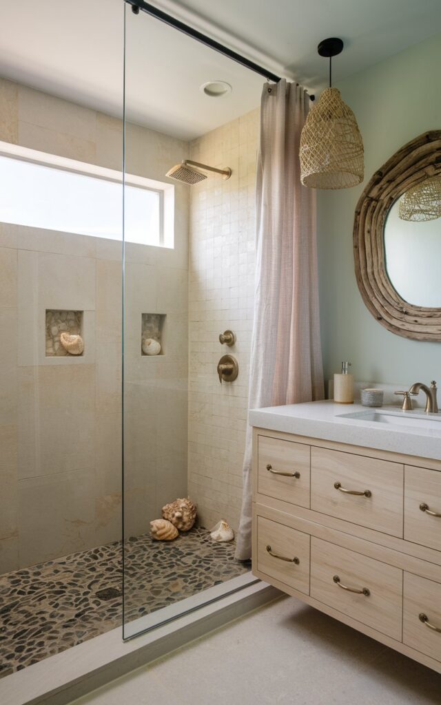A photo of a coastal bathroom with a frameless glass panel separating the walk-in shower from the rest of the space. The shower area has sandy-toned tiles and a sleek rainfall showerhead. The main area contains a light wood floating vanity with a white quartz top and brass hardware. The walls are painted in soft coastal hues. There is a woven pendant light, a driftwood mirror, and linen curtains. The shower flooring is pebbled, and there are seashell accents.