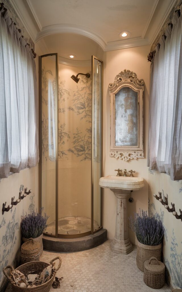 A photo of a small French country bathroom with a curved glass shower wall. The shower sits on a stone-tiled base and is framed in brushed brass. The surrounding walls are finished in soft cream plaster with delicate toile patterns. There is a petite pedestal sink with vintage cross-handle taps near the shower. The sink is placed beneath an ornately carved mirror with a distressed white frame. The room has sheer linen curtains and is covered in small hexagonal tiles. The floor is also home to woven baskets, dried lavender, and antique-style wall hooks. The room has a recessed ceiling with LED lights.