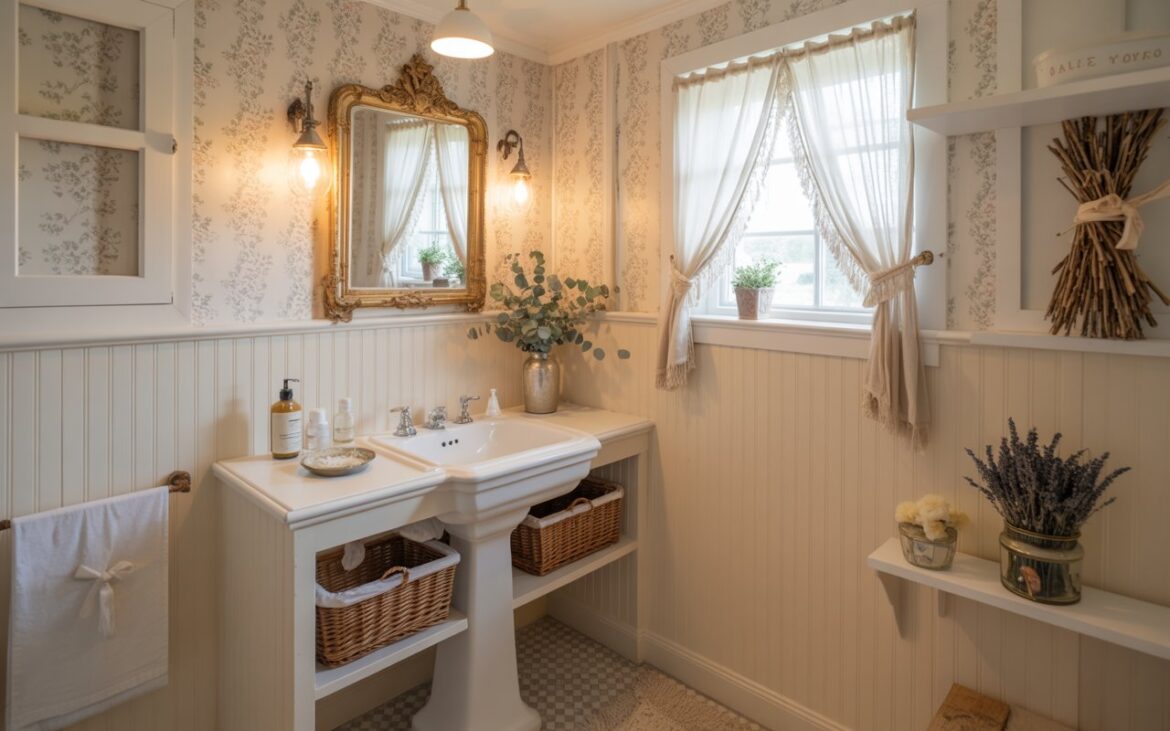 A photograph of a charming cottagecore bathroom centered around a vintage-inspired pedestal sink adorned with an antique mirror framed in gilt. The sink is surrounded by white beadboard walls, with delicate floral wallpaper creating a soft backdrop above the mirror, and a small window draped with lace curtains lets in gentle natural light. Beneath the sink, wicker baskets offer storage, and open shelves display essential bathroom items alongside bundles of dried lavender and eucalyptus tied with twine. The checkered stone tile floor and a soft rug complete the scene, bathed in the warm glow of a recessed pendant light.