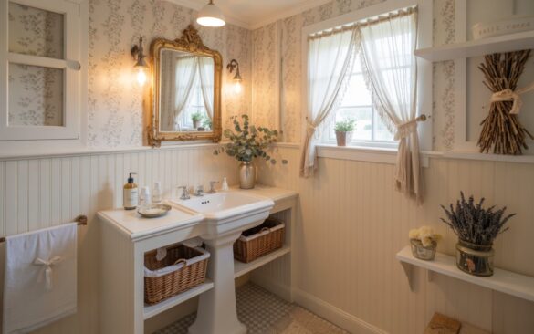 A small charming cottagecore bathroom with a vintage-inspired pedestal sink, a glass shower area with rainfall showerhead, a stool, recessed shelves. A photograph of a charming cottagecore bathroom centered around a vintage-inspired pedestal sink adorned with an antique mirror framed in gilt. The sink is surrounded by white beadboard walls, with delicate floral wallpaper creating a soft backdrop above the mirror, and a small window draped with lace curtains lets in gentle natural light. Beneath the sink, wicker baskets offer storage, and open shelves display essential bathroom items alongside bundles of dried lavender and eucalyptus tied with twine. The checkered stone tile floor and a soft rug complete the scene, bathed in the warm glow of a recessed pendant light.
