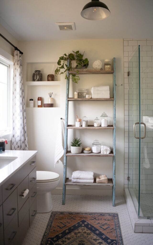A photo of a cottagecore bathroom with a distressed skinny ladder shelf. The shelf is used to hang towels, display decor, plants, jars with bath salts, etc. The bathroom features a sleek vanity, a few open shelves above the toilet, a curtained window, a patterned rug, a shower area, and a ceiling pendant light. The light is on.