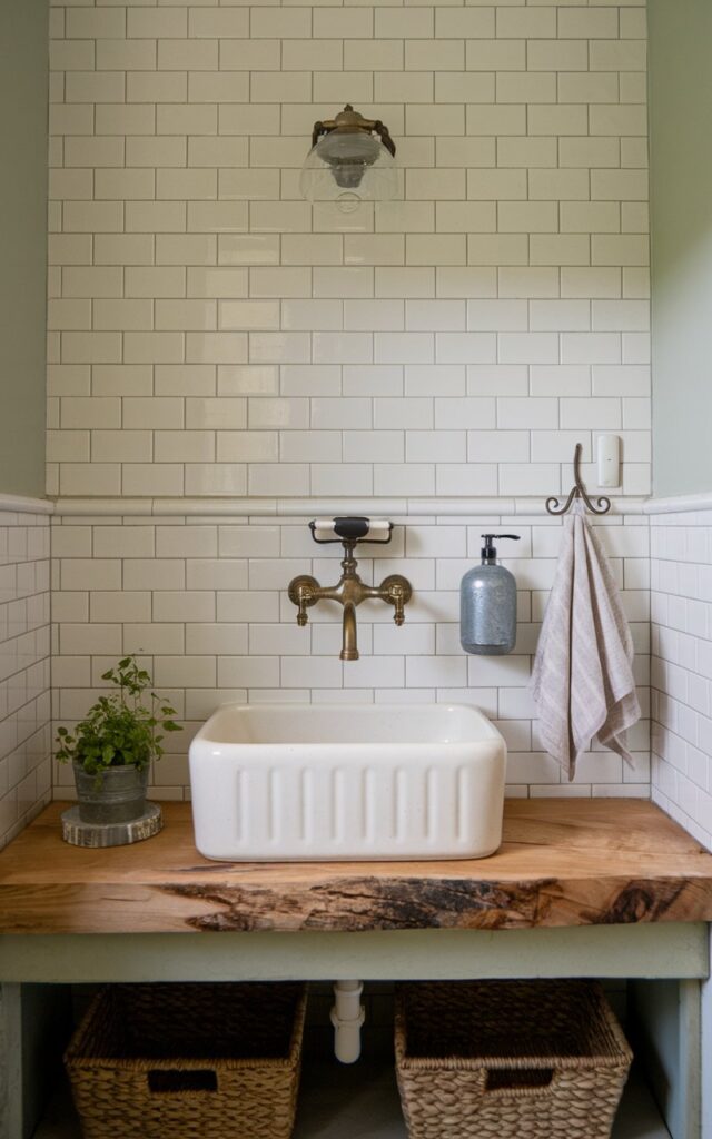 A photo of a farmhouse-style bathroom with a white subway tile wall behind a wooden slab countertop. There is a vintage brass wall-mounted tap above a farmhouse-style ceramic sink. The countertop holds a galvanized metal soap dispenser and a linen hand towel hanging on a wrought iron hook. Below the counter, an open wooden vanity holds woven baskets for storage. The walls are painted a soft cream or light sage. A rustic charm is added by a small potted herb near the sink.