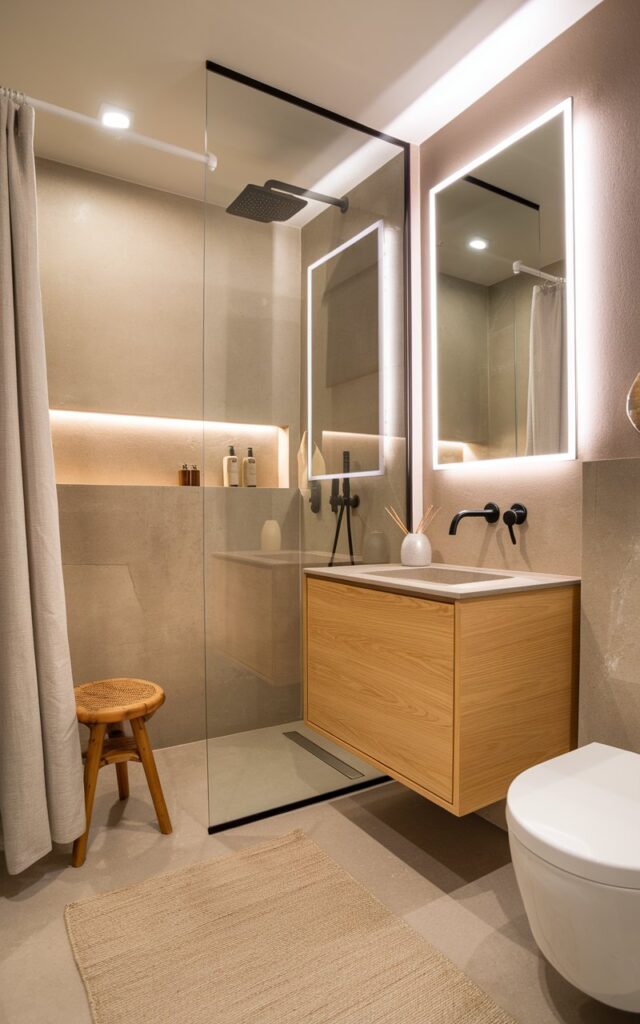 A photo of a small, fully furnished Japandi + chic bathroom with a sleek walk-in shower. The shower has a frameless glass partition, smooth light-toned stone tiles, and a minimal black rainfall showerhead. The space blends Japandi calm with chic elegance—neutral tones like warm beige and soft greige dominate, paired with light wood accents. A compact floating vanity in natural oak sits below a clean-edged mirror with soft LED backlighting. The floor is finished in matte, oversized tiles that flow seamlessly into the shower zone. Subtle decor includes a small bamboo stool, a linen shower curtain pushed to the side, and a single sculptural vase or ikebana arrangement for visual balance. The atmosphere is serene, stylish, and effortlessly spacious. The bathroom also has a toilet, floor rug, curtained window, etc. Natural light is soft, even.