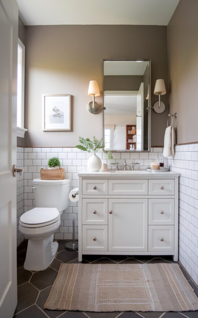A photo of a small, fully furnished transitional-style bathroom with the toilet thoughtfully shifted to the corner, creating a more open and functional layout. The freed-up central wall now features a floating vanity with a framed mirror and soft sconce lighting on either side. The design balances traditional and contemporary elements—white shaker cabinets, brushed nickel hardware, and a neutral color palette of warm grays and soft taupes. Large-format tiles on the floor and halfway up the walls enhance visual space. Subtle décor like a small potted plant, a rolled towel basket, and a textured rug add coziness without clutter. The overall vibe is elegant, space-smart, and inviting.