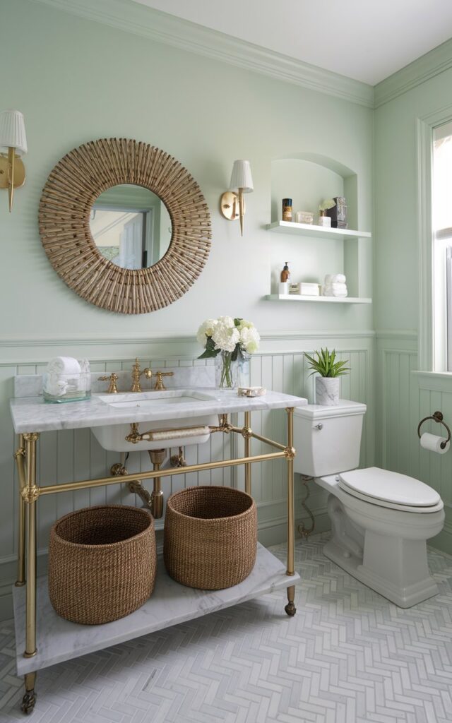 A photo of a light and breezy California coastal bathroom with elegant regal touches. The bathroom has a marble-topped vanity, two handwoven rattan baskets, a sunburst mirror, brass hardware, and a herringbone tile floor. The walls are soft seafoam green with wainscoting. The space also has a toilet and open shelves with essentials.