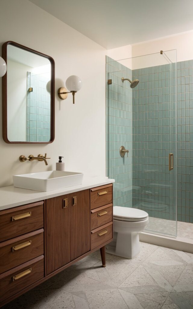 A photo of a mid-century modern bathroom with a smart, space-saving layout. The plumbing fixtures, including the vanity, toilet, and shower, are neatly aligned along one wall. The opposite wall remains open and clutter-free. The style is characterized by clean lines, walnut wood accents, and matte white finishes. The vanity features flat-front drawers with brass pulls and a rectangular vessel sink. A frameless mirror with rounded corners hangs above the vanity, with globe wall sconces on either side. The shower is enclosed in clear glass and has stacked vertical tiles in muted teal. The floor is covered in geometric terrazzo tiles.