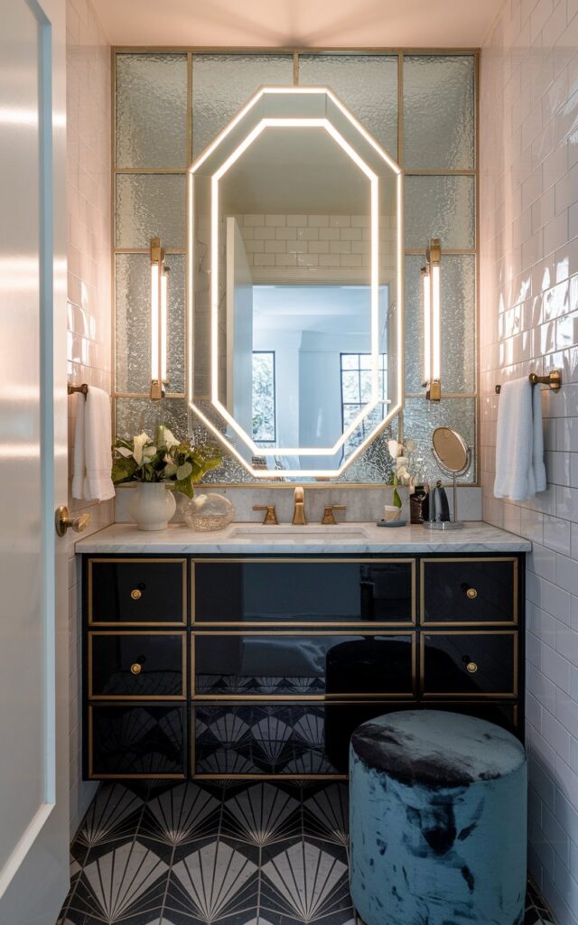A photo of a small modern Art Deco + chic bathroom. The bathroom has a statement mirror framed with integrated lighting that casts a soft, glamorous glow. The mirror has a geometric shape with built-in warm LED light around the edges, giving a halo effect. The mirror hangs above a sleek black vanity with gold-trimmed drawers and a white marble countertop. Fluted glass wall panels add texture and elegance. The floor is laid with bold black-and-white Art Deco tiles in a fan or chevron pattern. Accents like a scalloped tray, brass fixtures, and a velvet stool bring in chic sophistication to this stylish, space-savvy retreat.