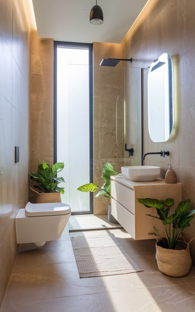 A photo of a small modern Balinese and Scandi full bathroom. The room has a sleek design with tiles that wrap continuously from floor to ceiling. The tiles have a natural stone texture in warm beige tones. There is a floating light wood vanity topped with a simple white basin. Matte black fixtures add contrast and modernity. A frameless glass shower enclosure is present. Lush green plants in woven baskets are placed in the room. Soft natural light filters through a frosted window, highlighting the seamless, tall tiled walls. The bathroom also has a toilet, floor rug, and ceiling pendant light.