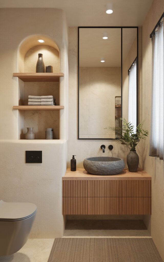 A photo of a Japandi-style bathroom with a floating vanity, stone basin, and frameless mirror. The room features clean lines, matte black accents, and subtle textures. The walls, floor, and vanity are in warm beige tones. There are slim, open wood shelves in light oak beside the vanity, holding folded towels, stoneware containers, and a ceramic vase with fresh greenery. The room has a toilet, curtained window, recessed ceiling with LED light, and a floor rug.