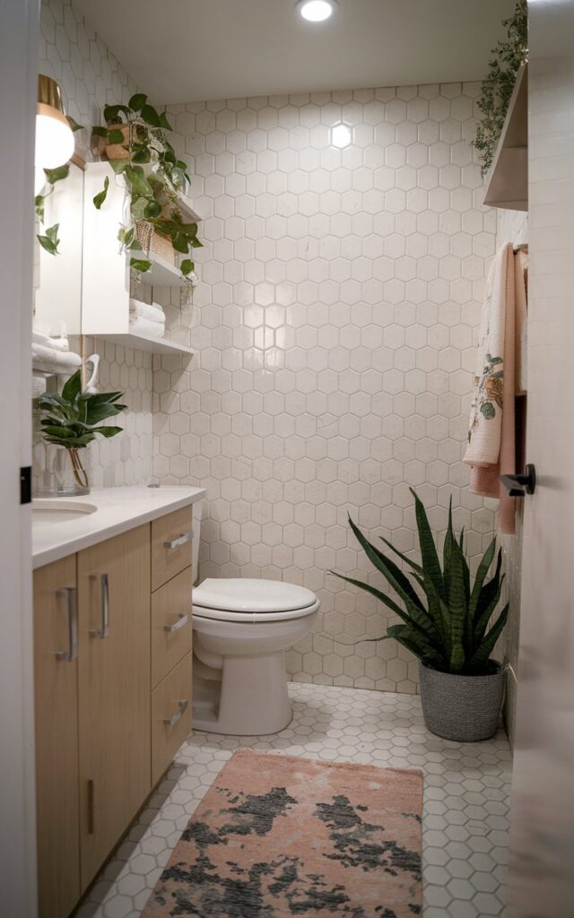 A photo of a small modern glam bathroom with light-colored tiles in a large hexagonal pattern. The bathroom is fully furnished with a vanity, toilet, floor rug, and a few plants. The space is well decorated and organized. The natural light is soft and ambient.