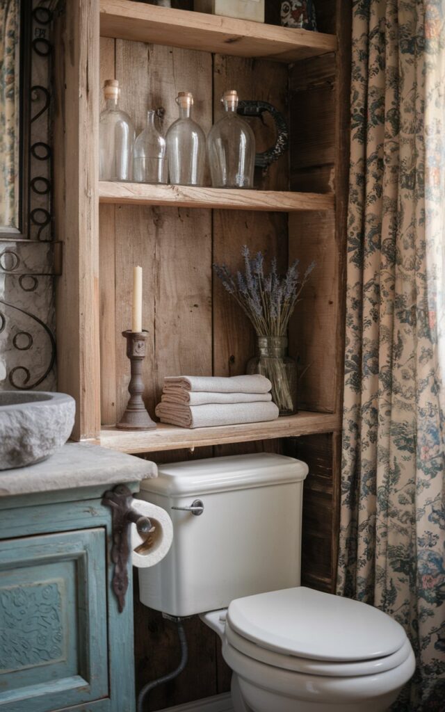 A photo of a small rustic French country bathroom with a charming built-in ledge behind the toilet. The ledge is made from reclaimed wood and is perfect for décor or light storage. On the ledge, there are antique glass bottles, a small vase of dried lavender, a vintage candleholder, and folded linen hand towels. The toilet has a classic shape with a ceramic lever flush. The surrounding space includes a distressed wood vanity with a stone basin, wrought iron accents, and floral toile curtains or wallpaper. The overall feel is warm, timeworn, and thoughtfully styled.