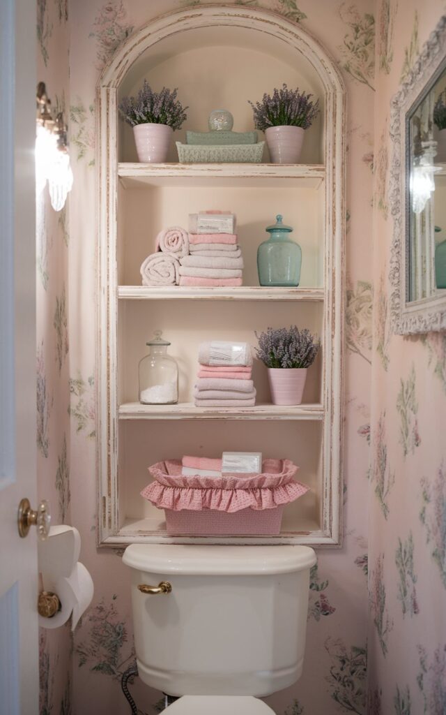A photo of a small shabby chic bathroom with vertically stacked built-in shelves above the toilet. The shelves are recessed into the wall and framed with distressed vintage-style trim. Each shelf holds neatly folded lace-edged towels, pastel glass jars, and small potted lavender or baby's breath. The backdrop wall features soft floral wallpaper finish. The toilet has a classic design with a porcelain lever and is paired with a ruffled linen basket below. Crystal knobs, a dainty framed mirror, and soft ambient lighting complete the romantic, cottage-inspired look.